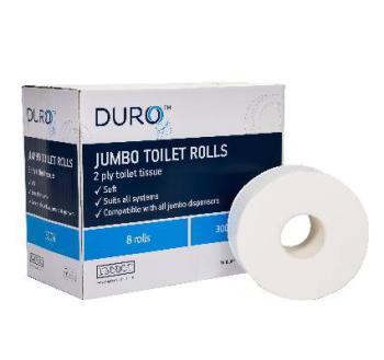 Jumbo Toilet Paper Roll 300V Duro 2 Ply 300mtr Pk8
