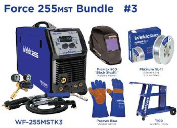 Welder Mig/Stick/Tig Weldclass Force 255MST Bundle With Gasless Wire, Helmet, Gloves, Trolley Wf-