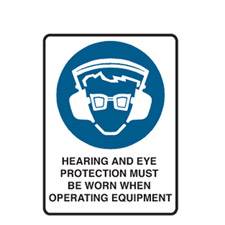 BRADY SIGN HEARING & EYE PROTECTION MUST BE WORN POLY 300MMX225MM  852645